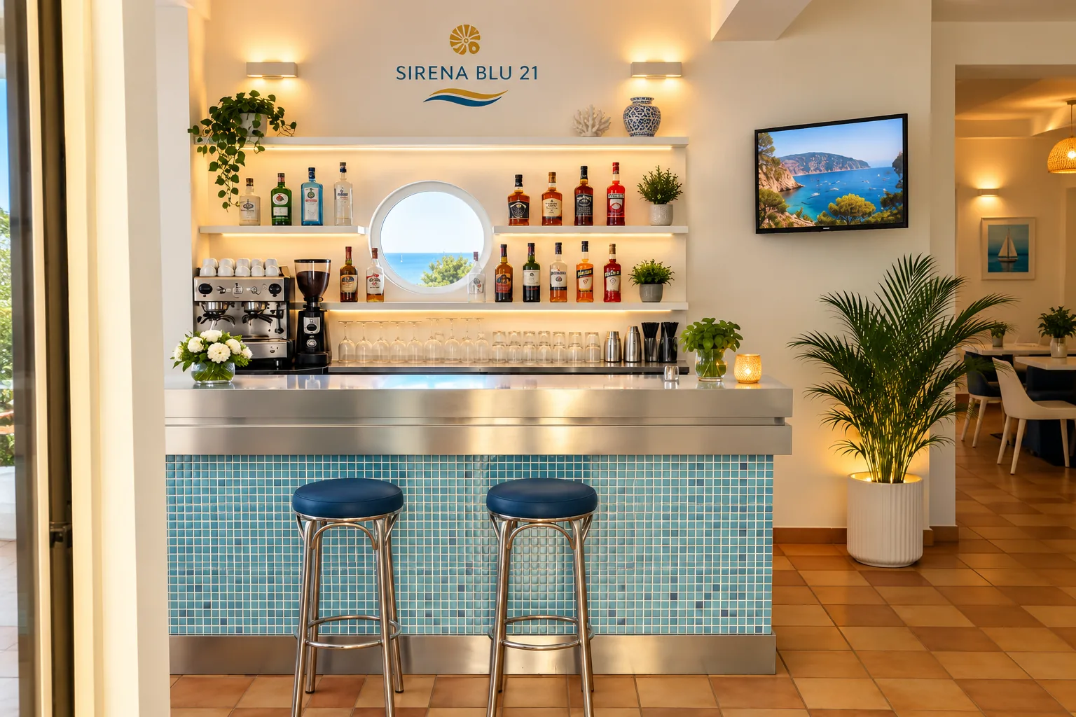 Le bar de l’hôtel, ses tabourets et son comptoir en mosaïque bleue