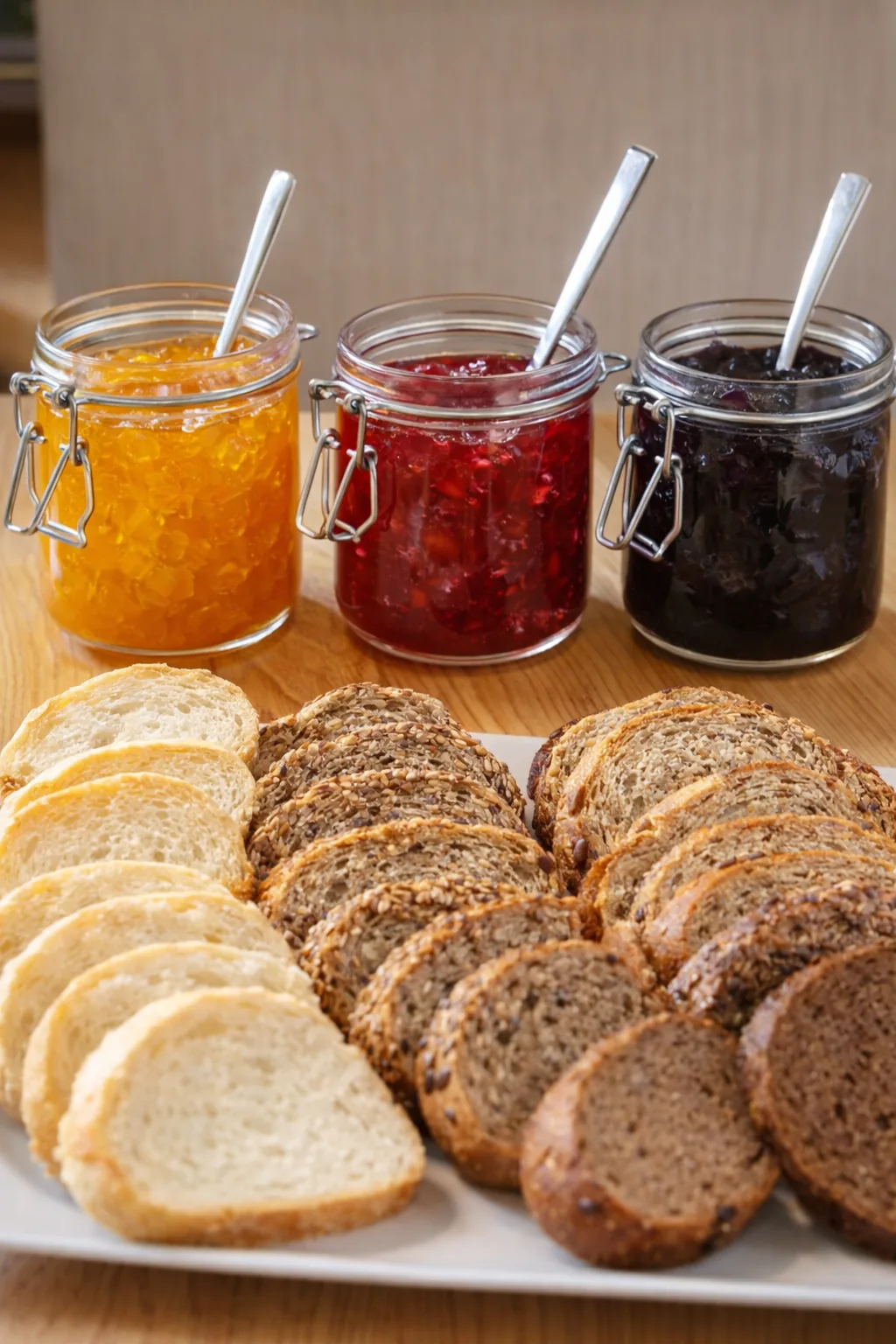 Confitures artisanales servies avec du pain et des biscottes