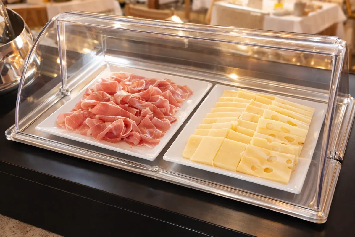 Jambon cru et fromages au buffet salé du petit-déjeuner