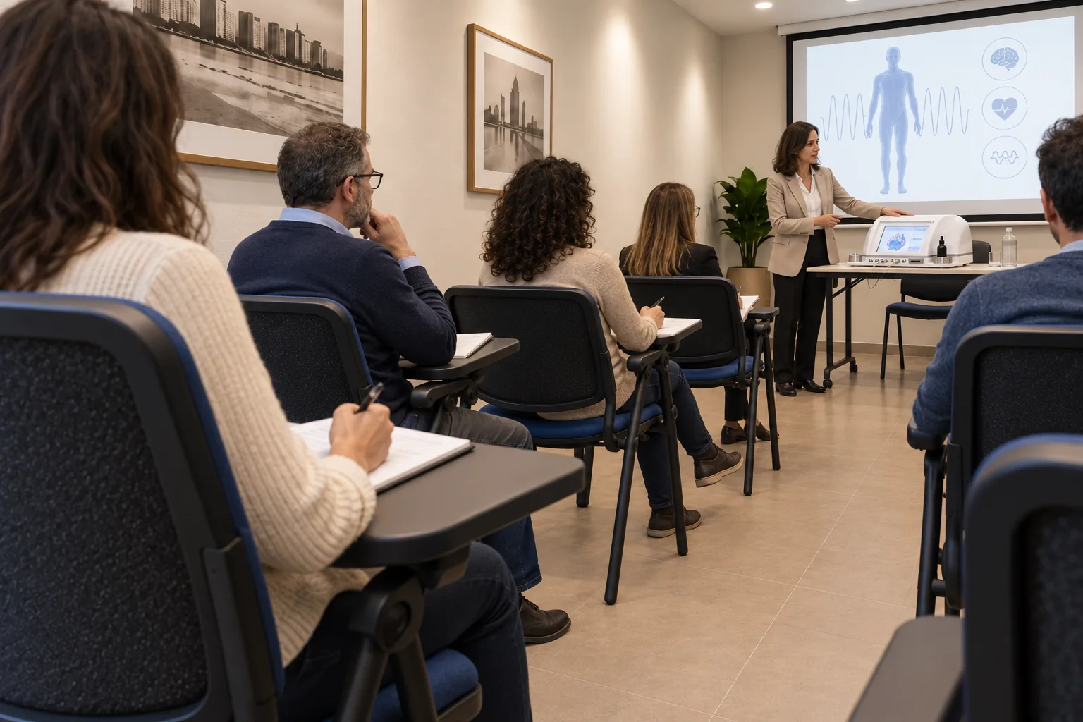 La salle disposée en classe, avec les participants et l’intervenante