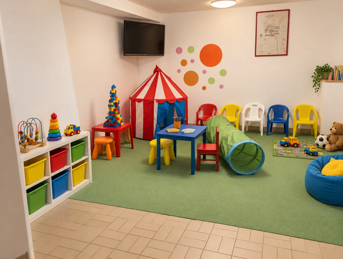 La salle de jeux pour enfants, avec son tapis vert, ses jouets et sa tente