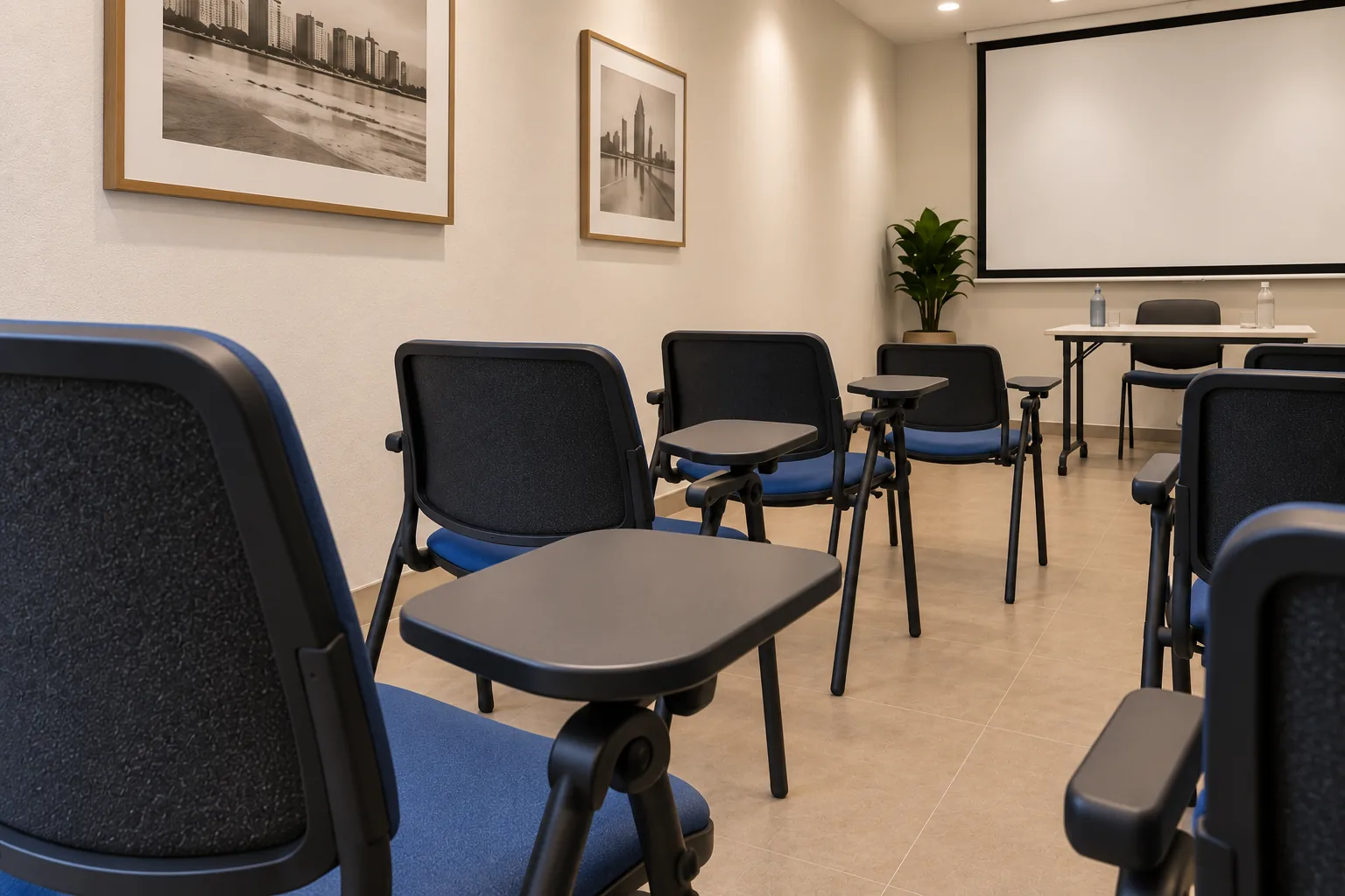 La salle polyvalente disposée en conférence, avec son écran de projection