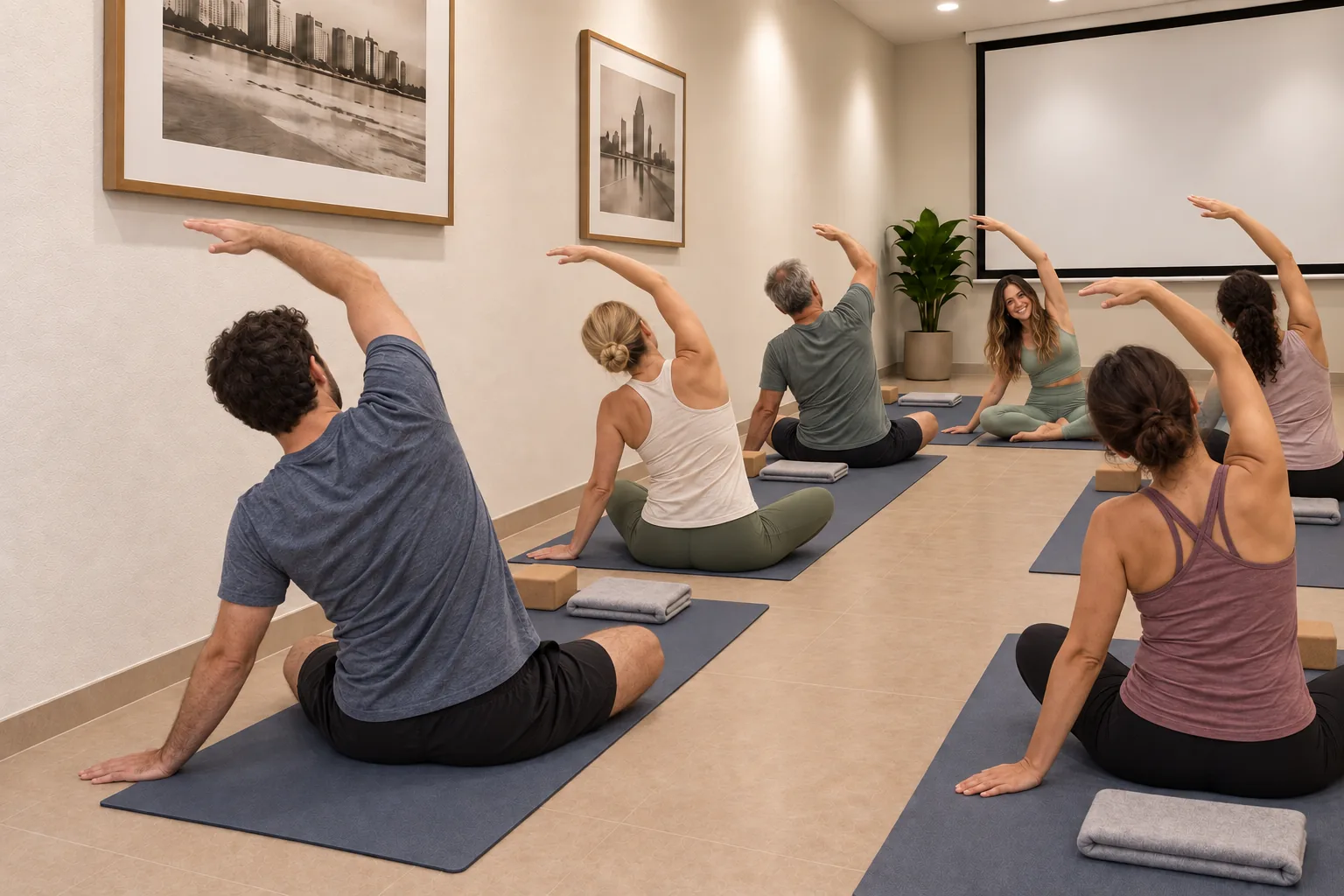 La salle, libérée de ses tables, pour une séance de yoga sur tapis
