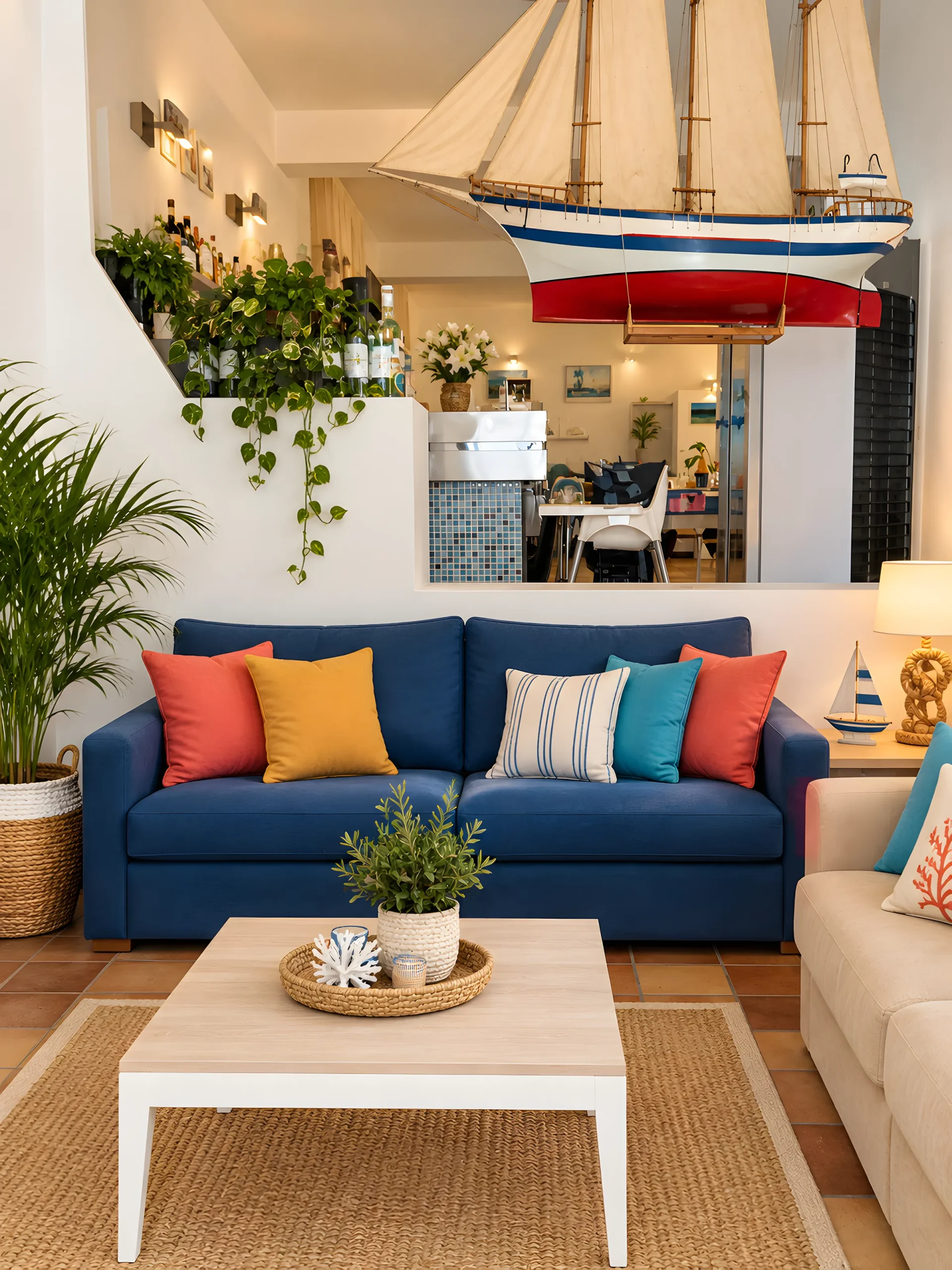 Le salon commun, avec son canapé bleu et une maquette de voilier